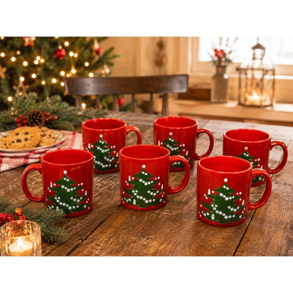 Vtg Waechtersbach Christmas Tree Coffee Mugs Red West Germany Set of 6